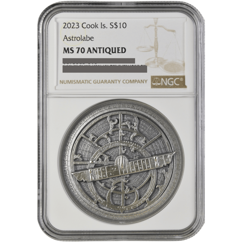 Historic Instruments ASTROLABE 2 Oz Silver Coin $10 Cook Islands 2023- NGC Graded MS 70 Antiqued - PARTHAVA COIN