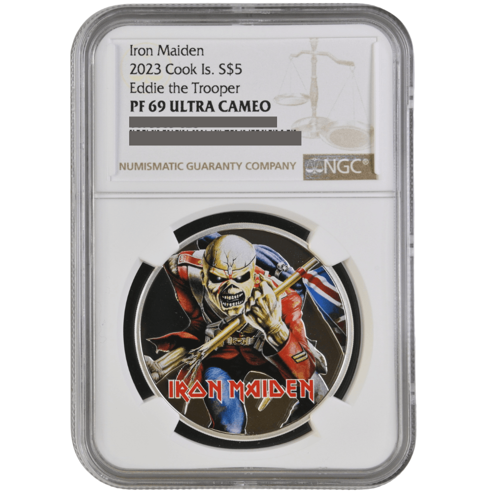 Iron Maiden-EDDIE THE TROOPER 1 Oz Silver Coin $5 Cook Islands 2023- NGC Graded PF 69 Ultra Cameo - PARTHAVA COIN
