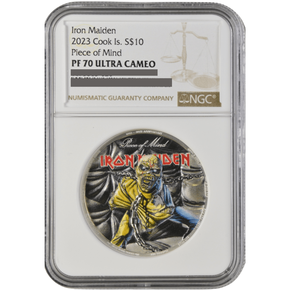 Iron Maiden-PIECE OF MIND 2 Oz Silver Coin $10 Cook Islands 2023- NGC Graded PF 70 Ultra Cameo - PARTHAVA COIN