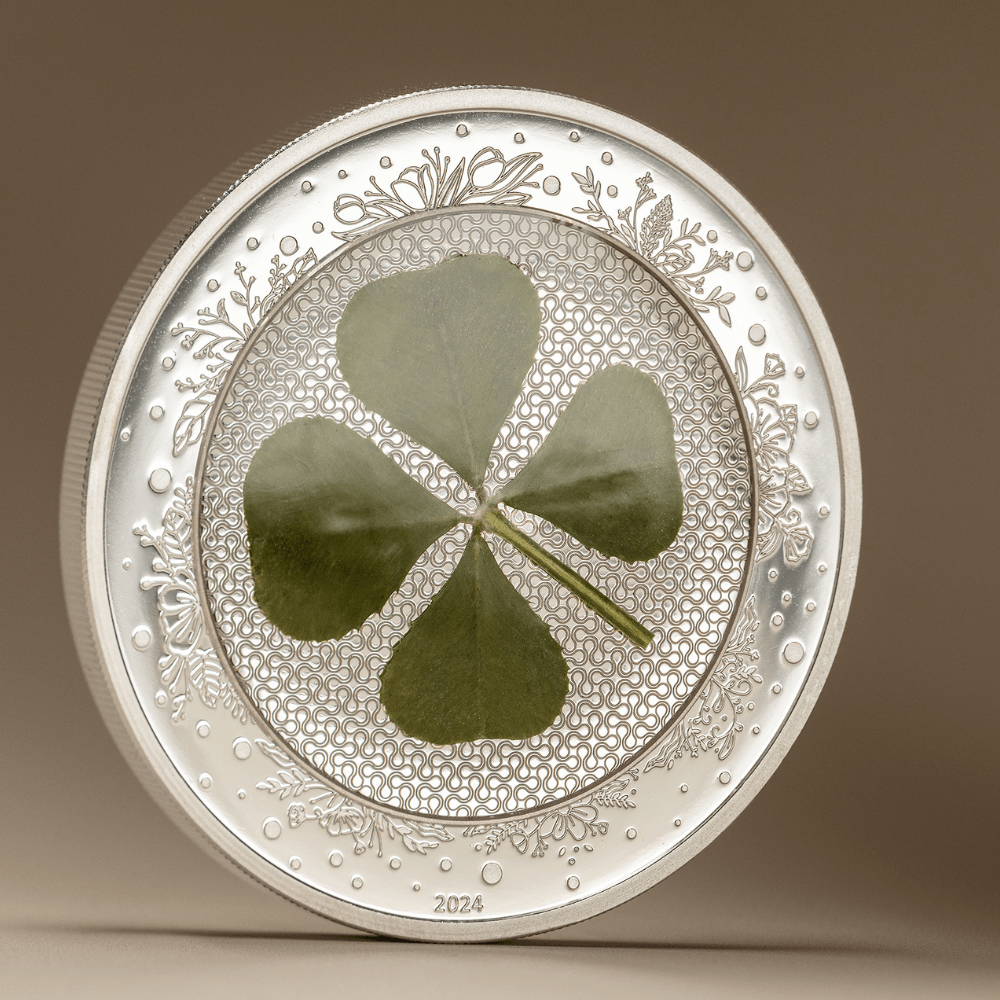 OUNCE OF LUCK Four Leaf Clover 1 Oz Silver Coin $5 Palau 2024 - PARTHAVA COIN