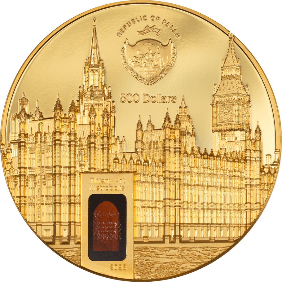 PALACE OF WESTMINSTER Tiffany Art Metropolis 5 Oz Gold Coin $500 Palau 2023 - PARTHAVA COIN