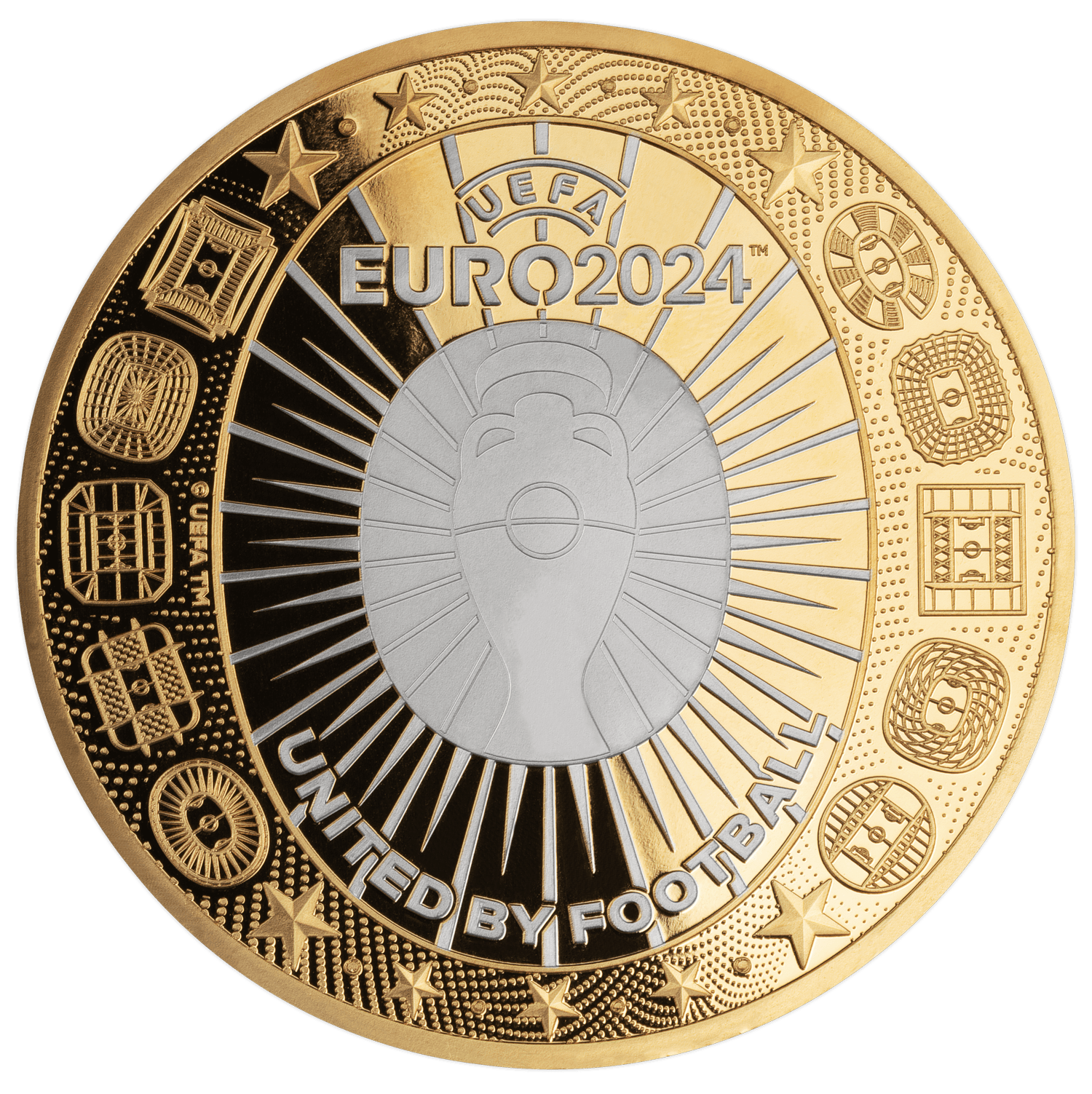 STADIUM UEFA Euro Cup 5 Oz Gold Coin $50 Solomon Islands 2024 - PARTHAVA COIN