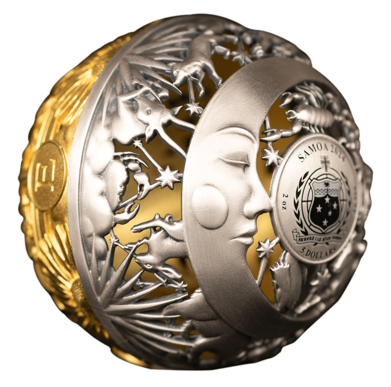 SUN AND MOON Filigree Spherical 2 Oz Silver Coin $5 Samoa 2024 - PARTHAVA COIN