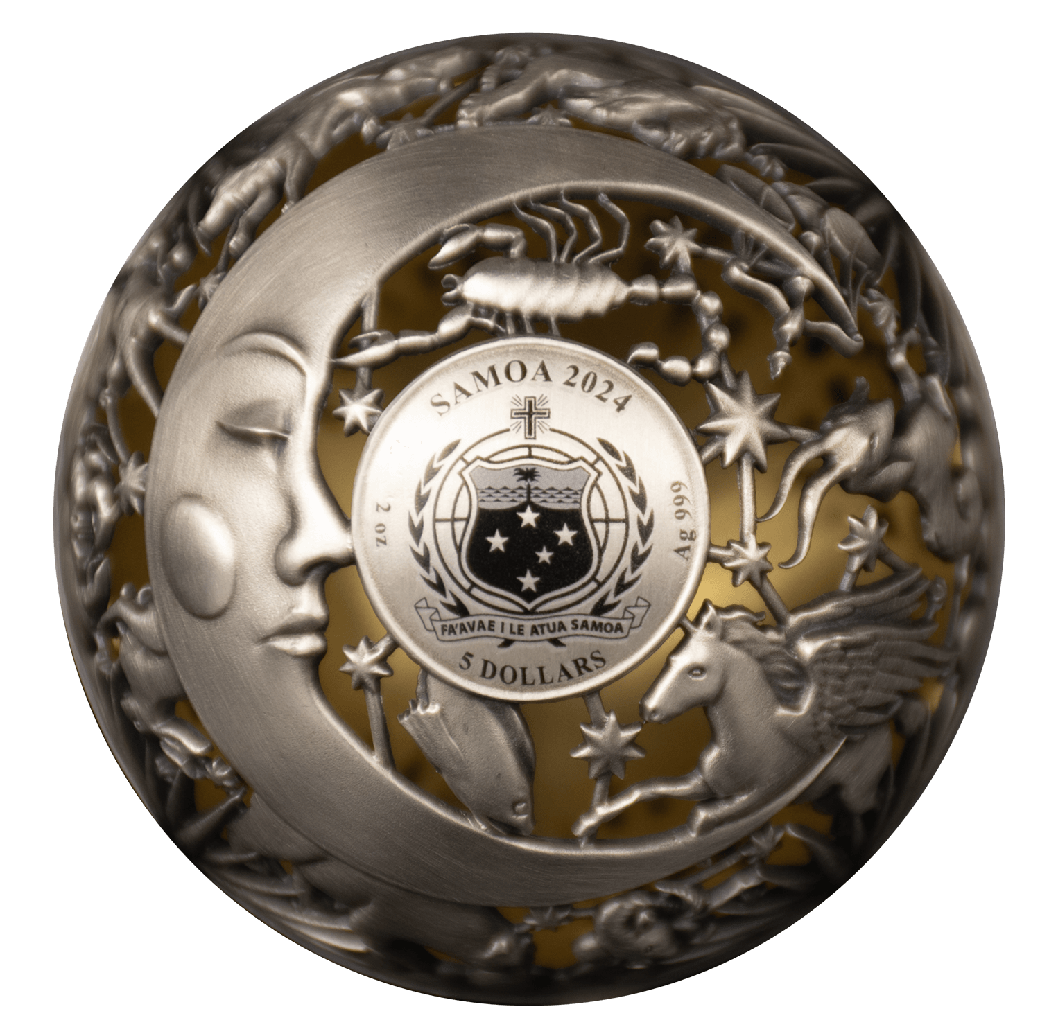 SUN AND MOON Filigree Spherical 2 Oz Silver Coin $5 Samoa 2024 - PARTHAVA COIN